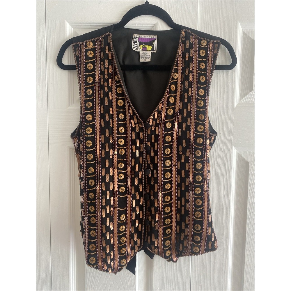 Vintage Other Destination Silk Beaded Vest Womens Small Wooden Beads Boho Artsy